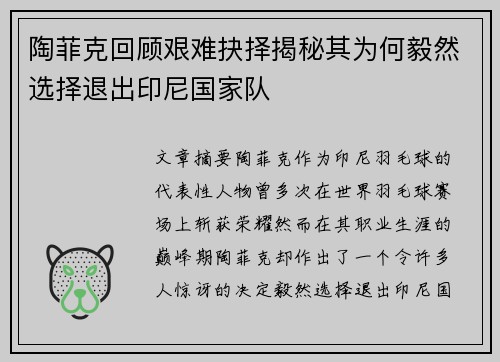 陶菲克回顾艰难抉择揭秘其为何毅然选择退出印尼国家队